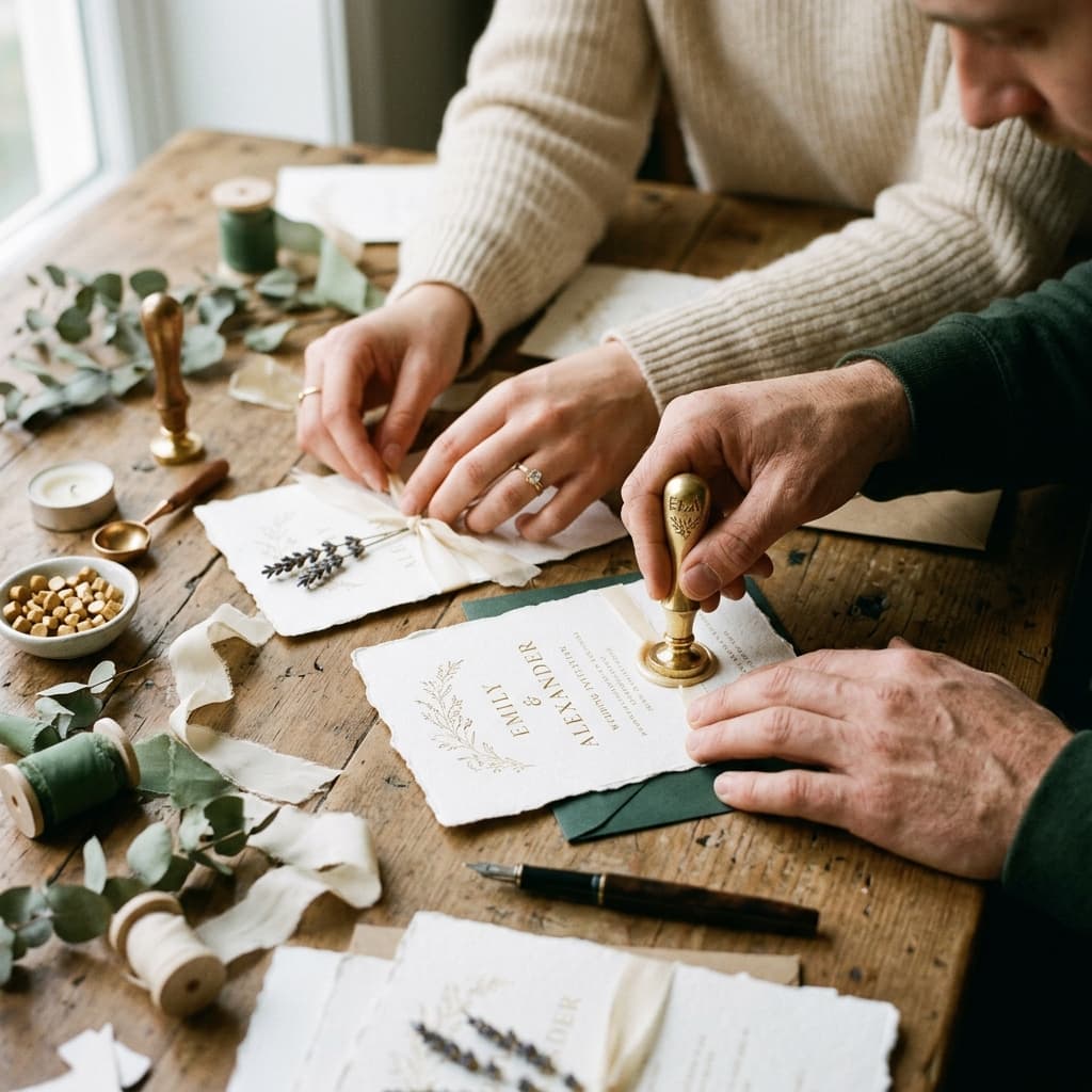Couple crafting bespoke wedding details