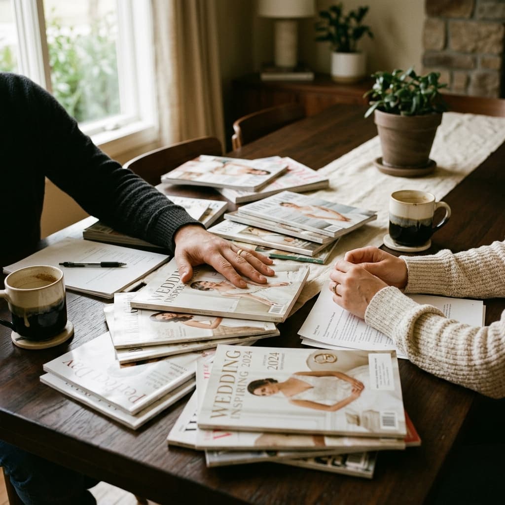 Couple searching through generic wedding catalogs