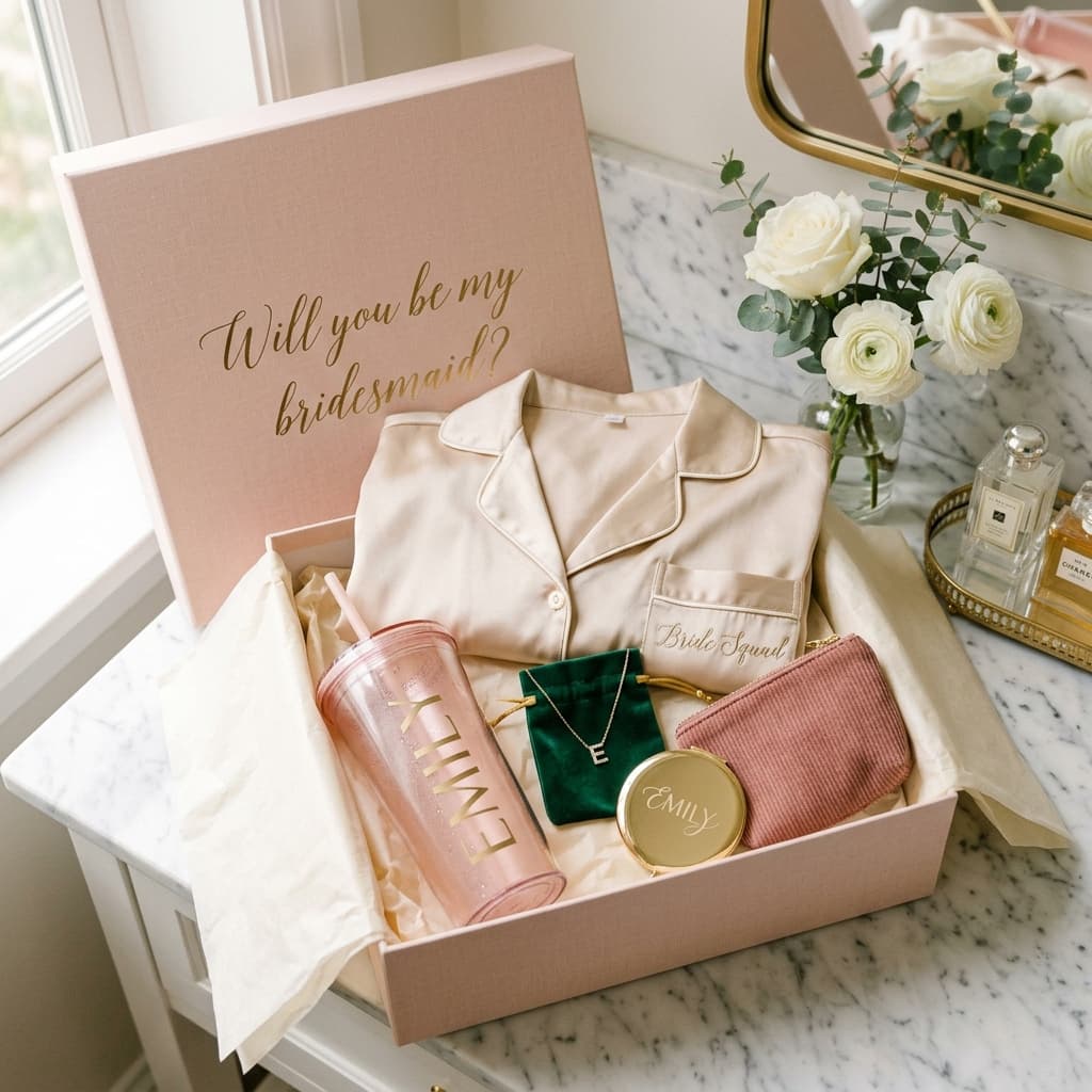 Personalized bridesmaid gift box with robe, mirror, pouch, and keepsakes
