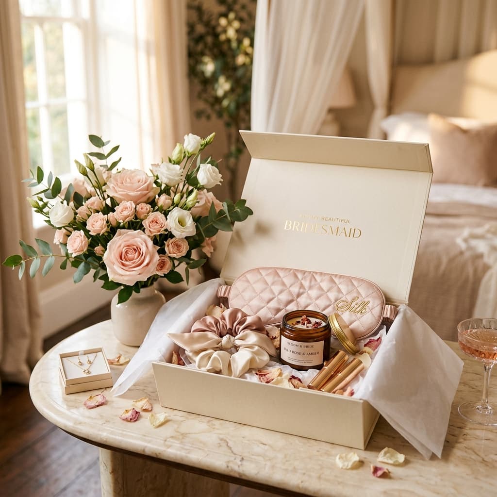 Premium bridesmaid box unboxing with personalized gifts