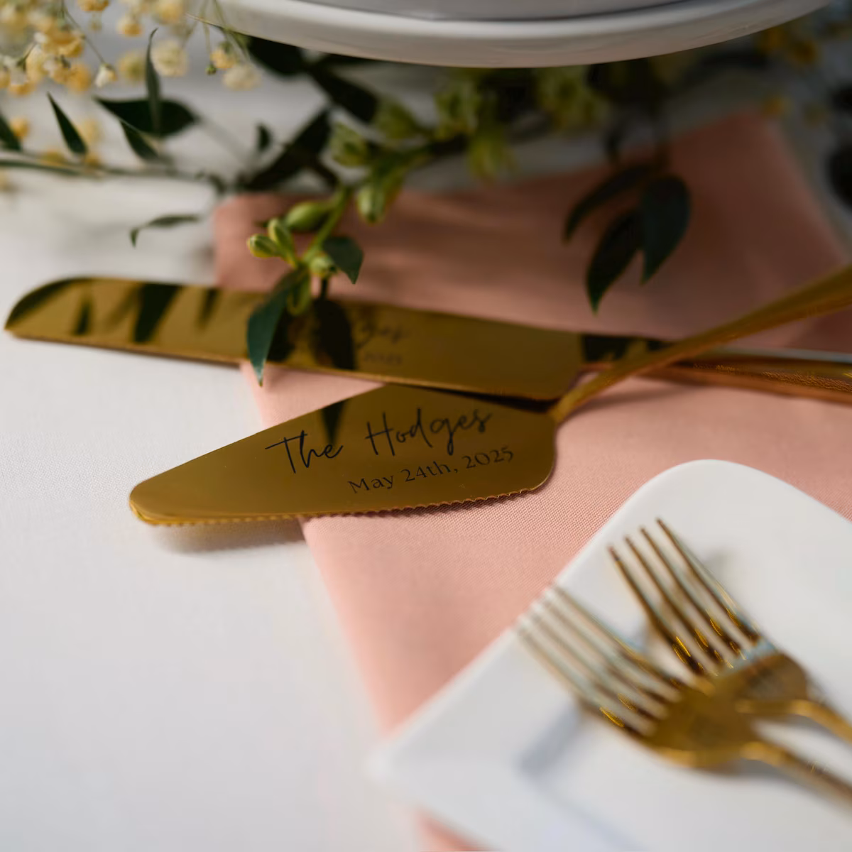 Customer photo for 0Bespoke Satin Place Setting Ribbons | Custom Foil Heirloom Bows ( Pack of 100