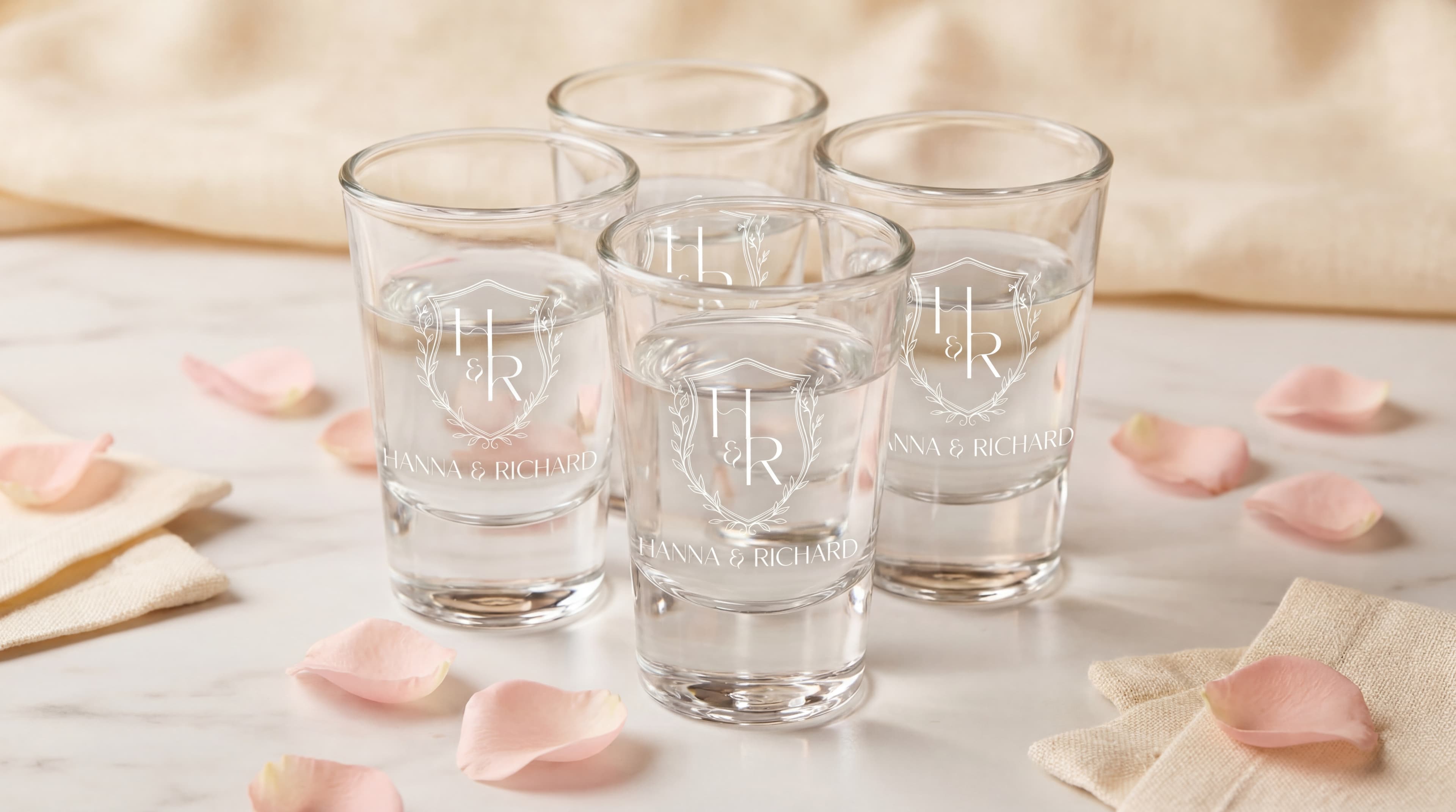 Bespoke Laser-Engraved Wedding Shot Glasses (Set of 6) | 2 oz Heirloom Clear Glass Favors
