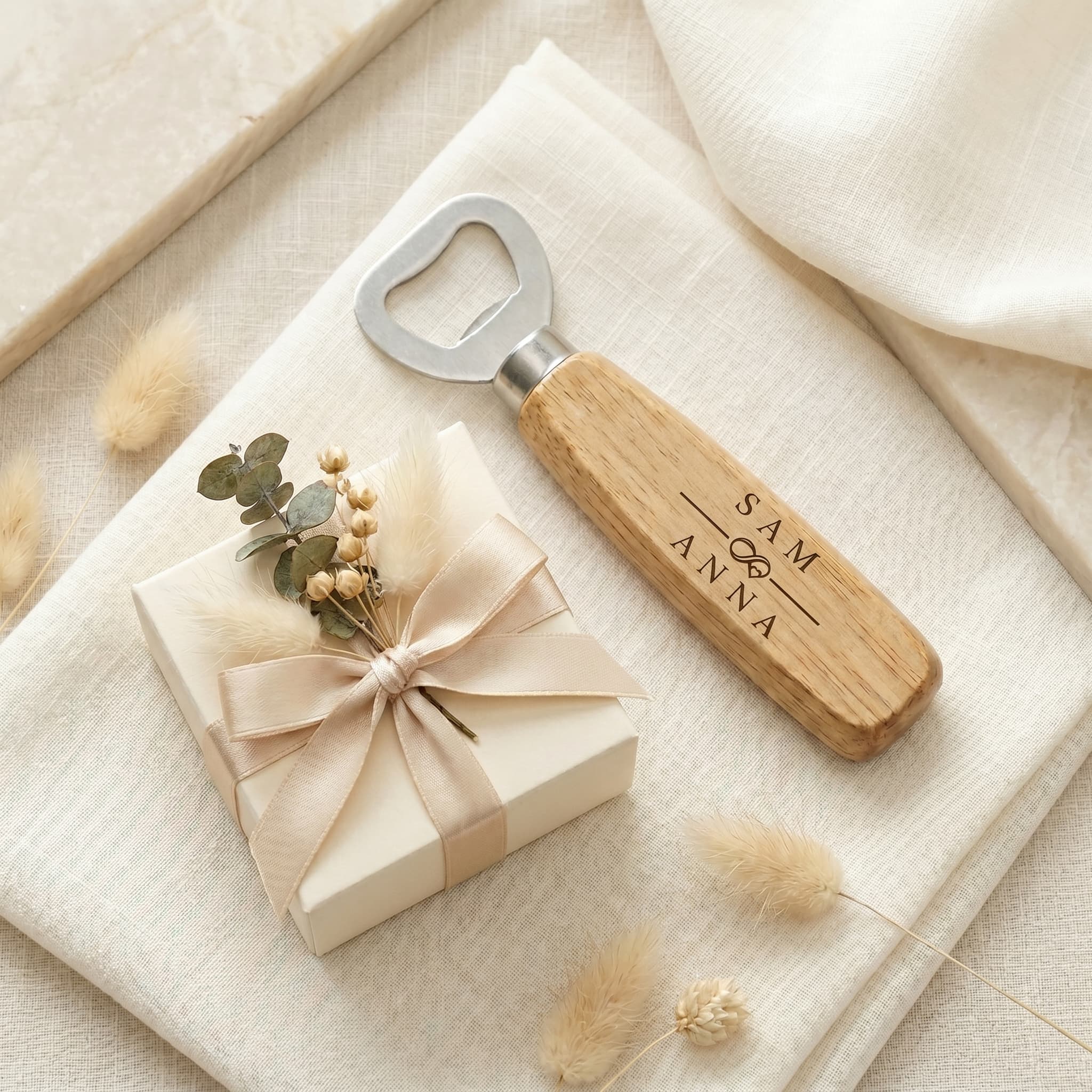 Bespoke engraved heirloom bottle opener wedding favor